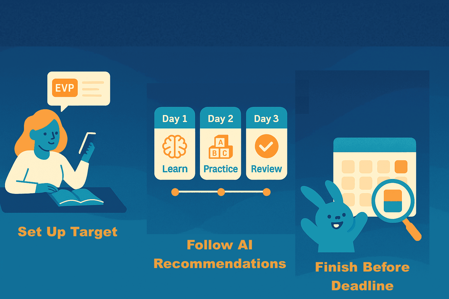 Illustration of how EVP schedules learning, practice, and review